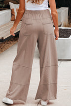 Mineral Wash Exposed Seam Drawstring Elastic Waistband Wide Leg Cargo Pants