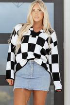 Black Checked Notched Neckline Drop Shoulder Knit Sweater