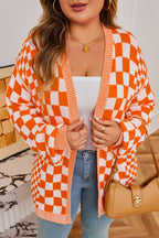 Orange Checkered Bubble Sleeve Drop Shoulder Open Cardigan