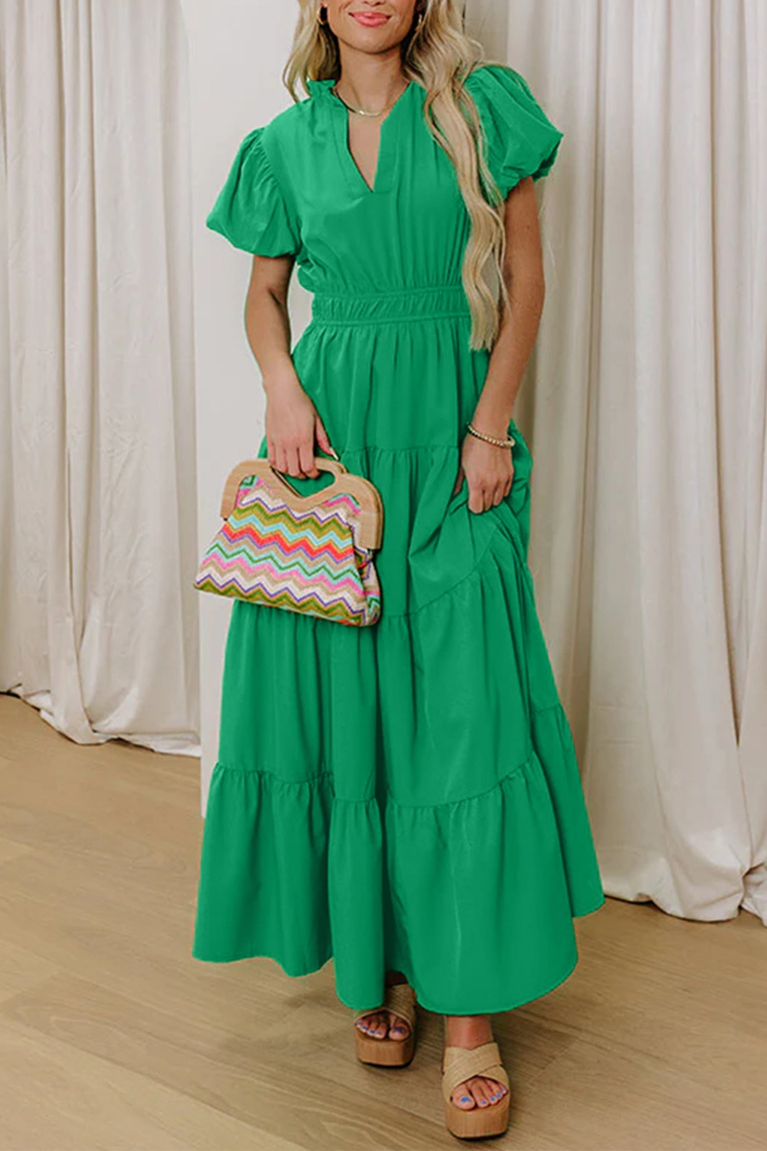 Bright Green Solid Color V Neck Short Puff Sleeve High Waist Tiered Maxi Dress