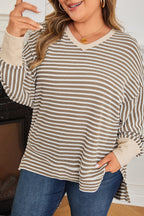 Khaki Stripe Textured Dolman Sleeve High Low Plus Size Top