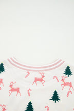 Pink Bow Christmas Tree Print Contrast Striped Banding 2pcs Lounge Set