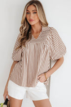 Brown Stripe Shirred V Neck Short Puff Sleeve Blouse