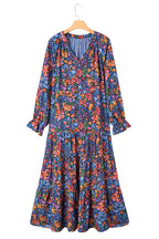 Blue Floral Print Tassel Tie V Neck Long Sleeve Flowy Long Dress