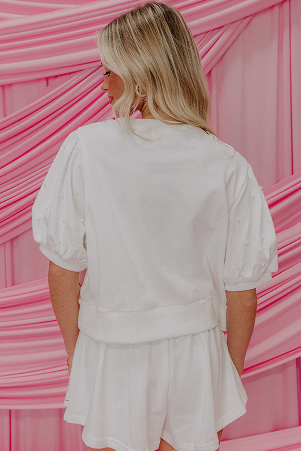 White Contrast Bow Trim Pearl Puff Sleeve Blouse and Skorts 2pcs Set