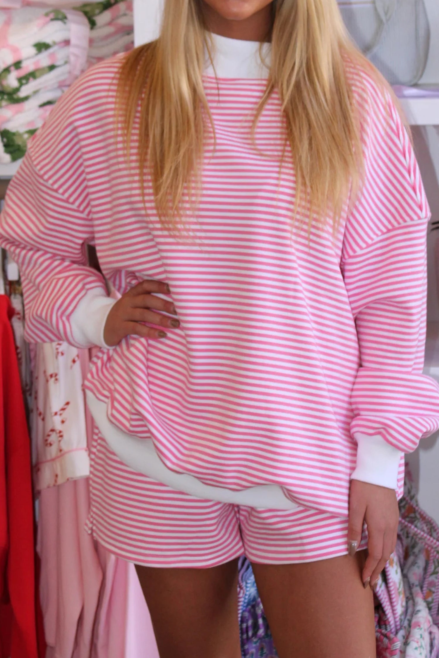 Pink Stripe Oversize Mock Neck Sweatshirt and Shorts Set