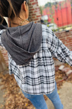 Plaid Patchwork Long Sleeve Button Hooded Blouse