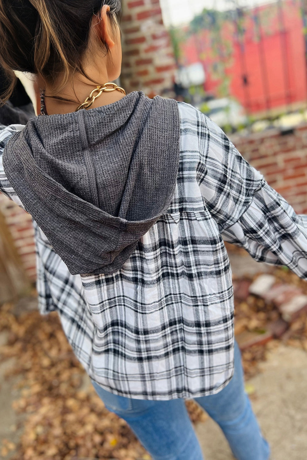 Plaid Patchwork Long Sleeve Button Hooded Blouse