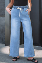 Beau Blue Drawstring Elastic Waist Leopard Striped Side Panel Wide Leg Jeans