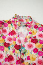 Pink Floral Frilled V Neck Puff Short Sleeve Blouse