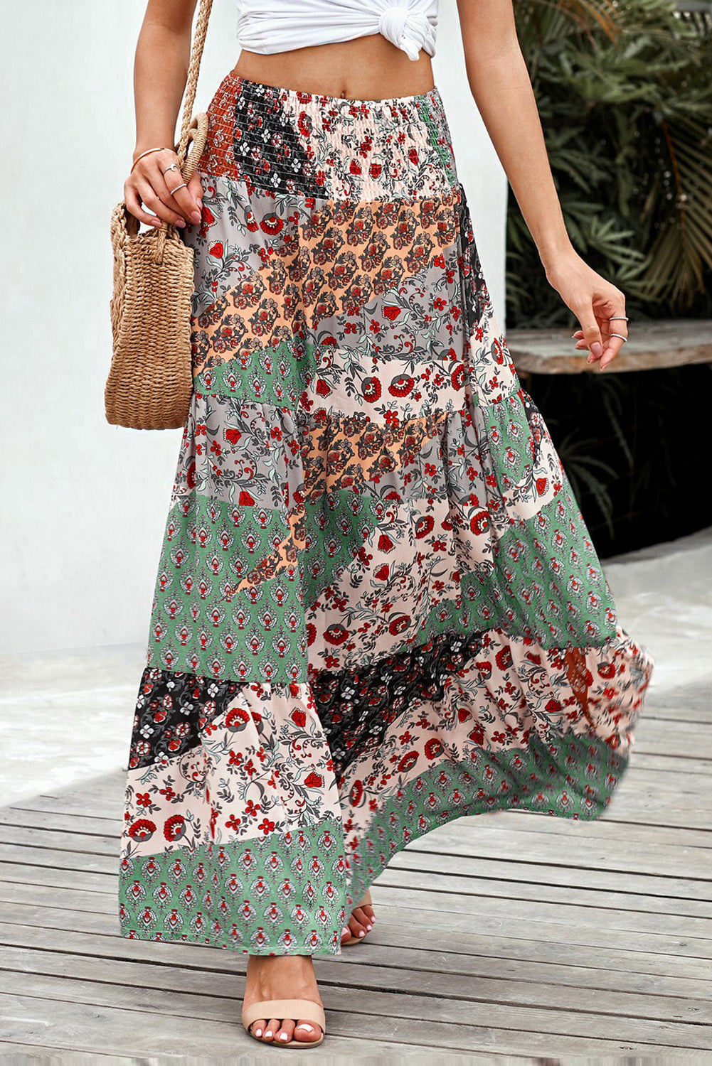 Multicolor Boho Print Tie-Up Waist Long Maxi Skirt