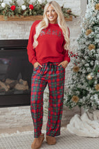 Red Plaid Mama Graphic Christmas Holiday Crewneck Pullover and Pants Two Piece Lounge Set