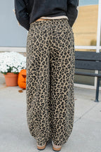 Khaki Leopard Print Drawstring Elastic Waist Loose Denim Pants with Pockets