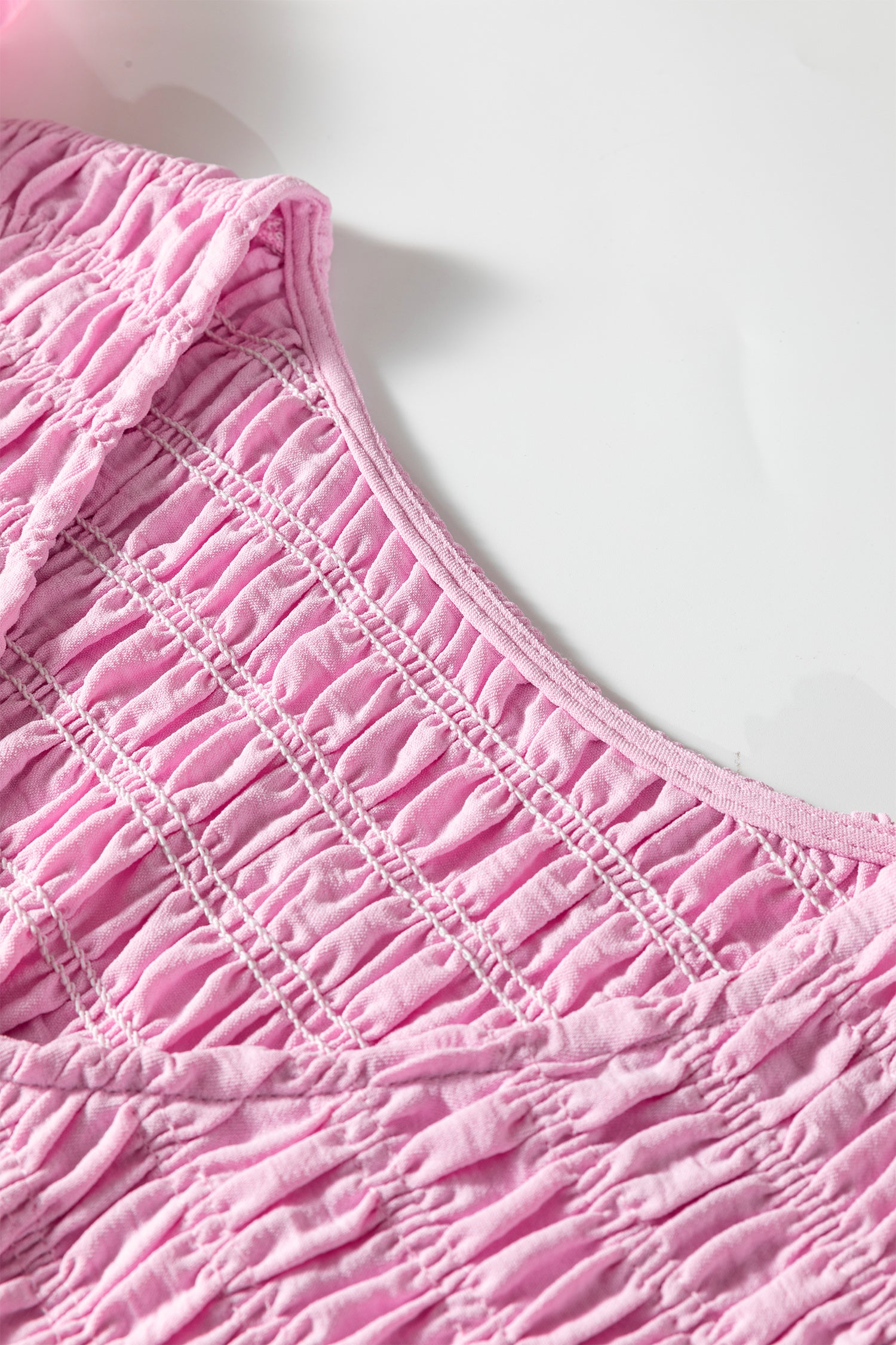 Pink Smocked Bodice Flutter Sleeve Fit Flare Tiered Midi Dress