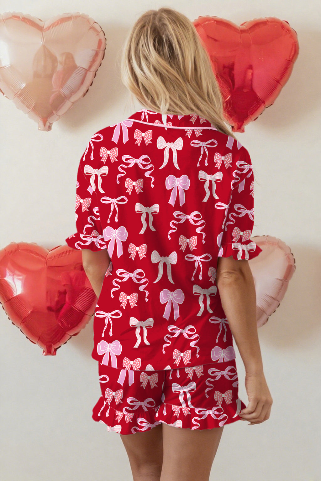 Red Sweet Bow Print Ruffled Short Sleeve Shirt Shorts 2pcs Pyjama Set