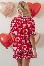 Red Sweet Bow Print Ruffled Short Sleeve Shirt Shorts 2pcs Pyjama Set
