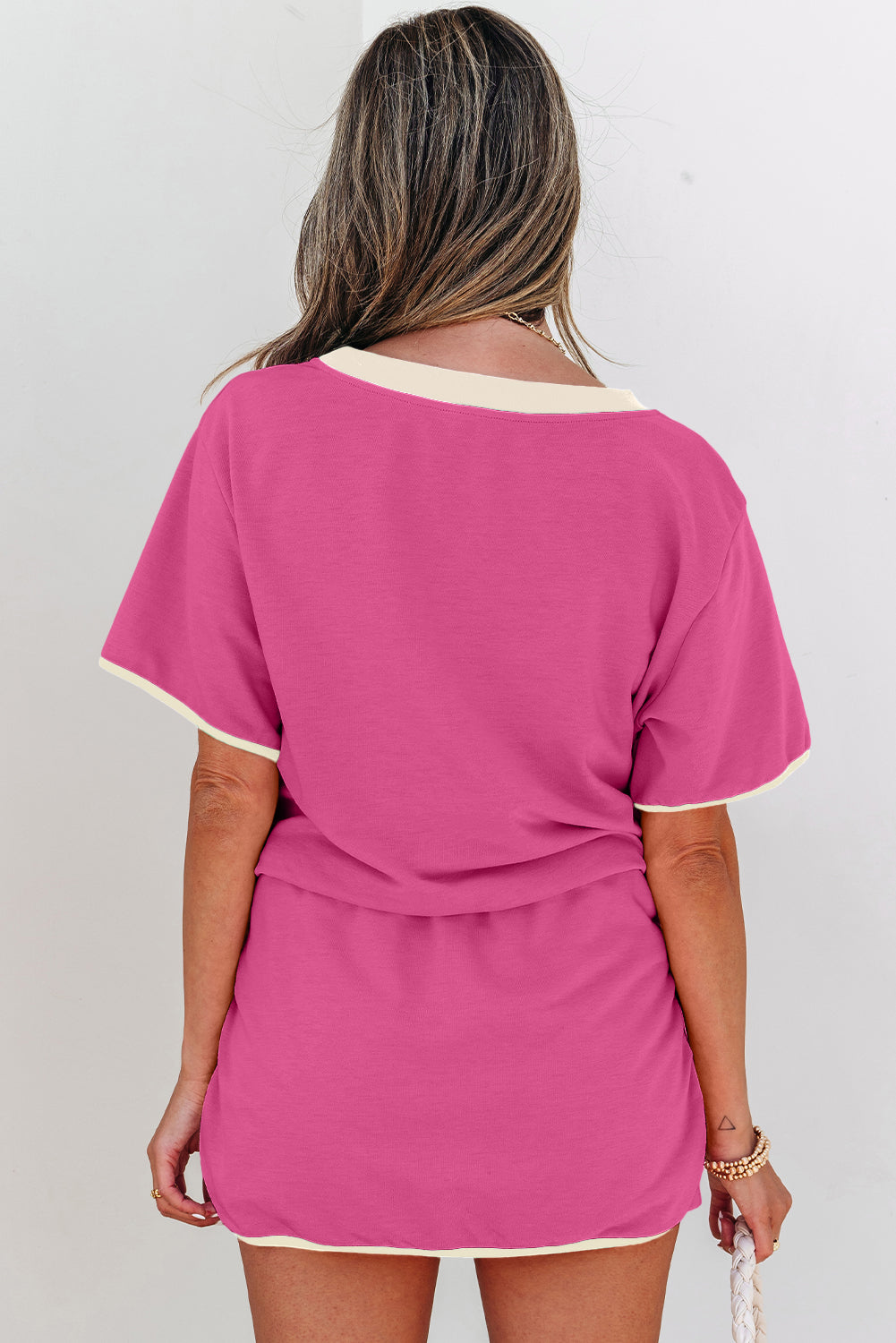 Rose Red Colour block Edge Drop Shoulder T Shirt and Skorts 2Pcs Set