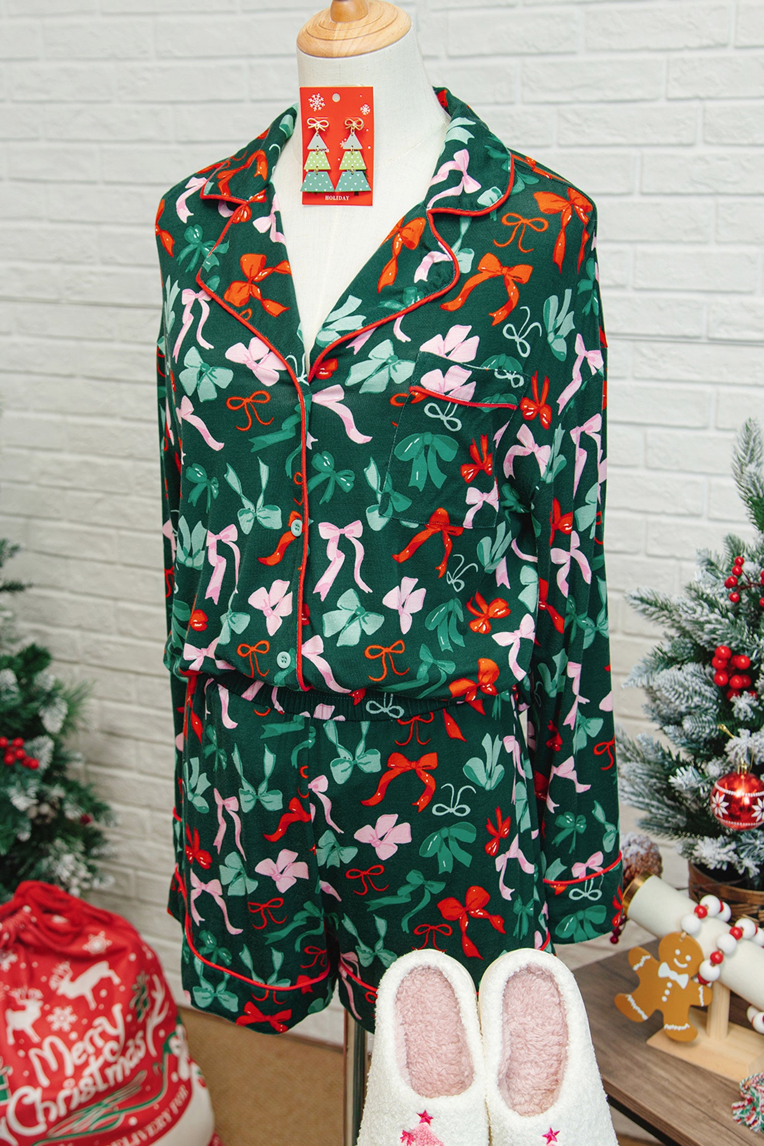 Green Festive Bow Print Long Sleeve Shirt and Pyjama Short Set
