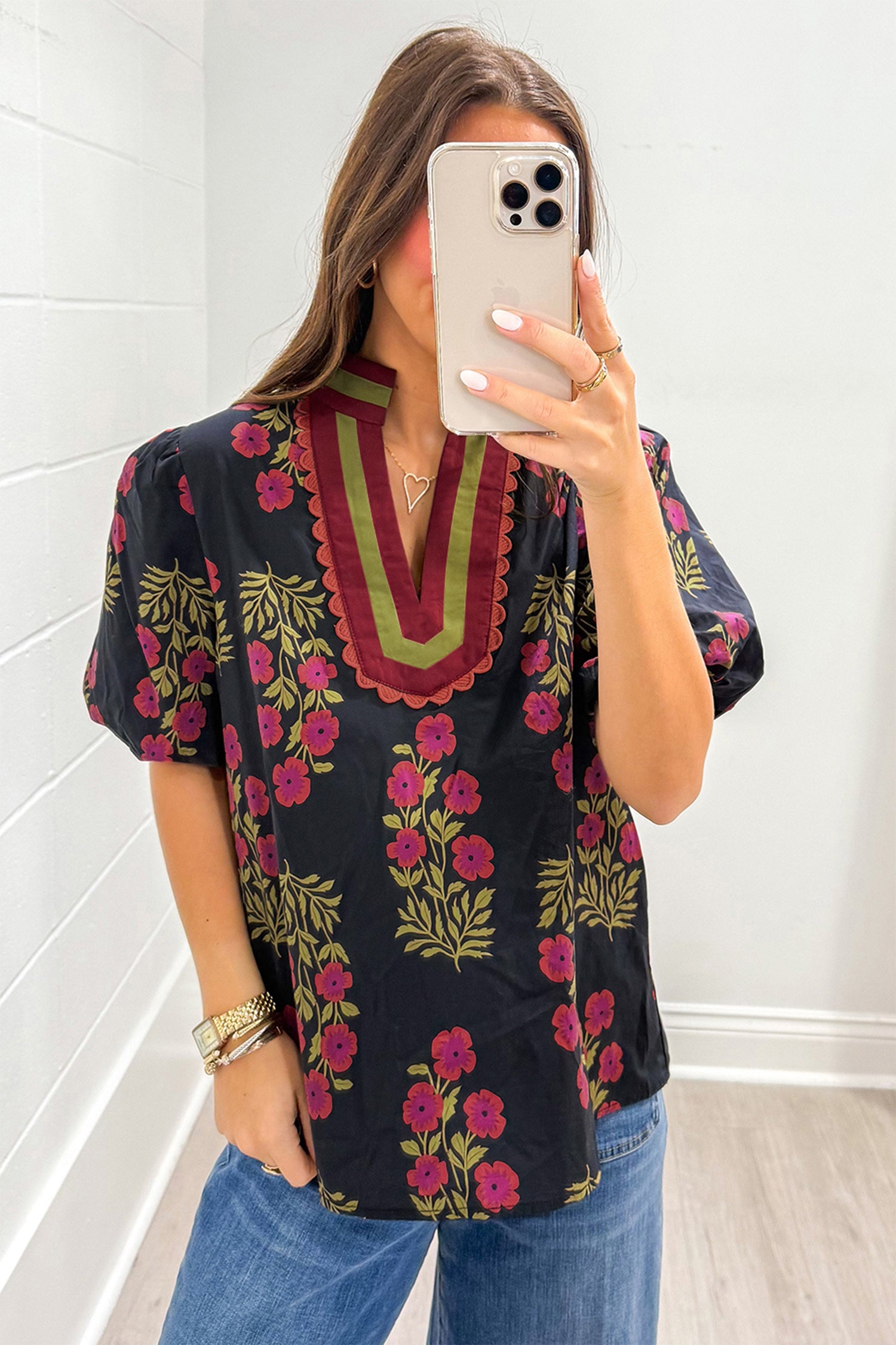 Floral Short Bubble Sleeve Contrast Slit Neckline Blouse