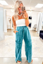 Mineral Wash Lace-up High Waist Raw Hem Patched Pocket Pants