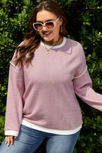 Light Pink Contrast Trim Knitted Drop Shoulder Plus Size Top