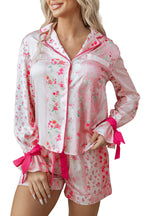 Pink Mixed Floral Print Contrast Piping Trim Satin Tie 2pcs Pajama Set