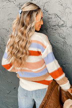 Pink Striped Colorblock Round Neck Drop Shoulder Sweater
