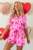 Pink Bow Print Half Sleeve Shirt and Shorts Pyjamas Set