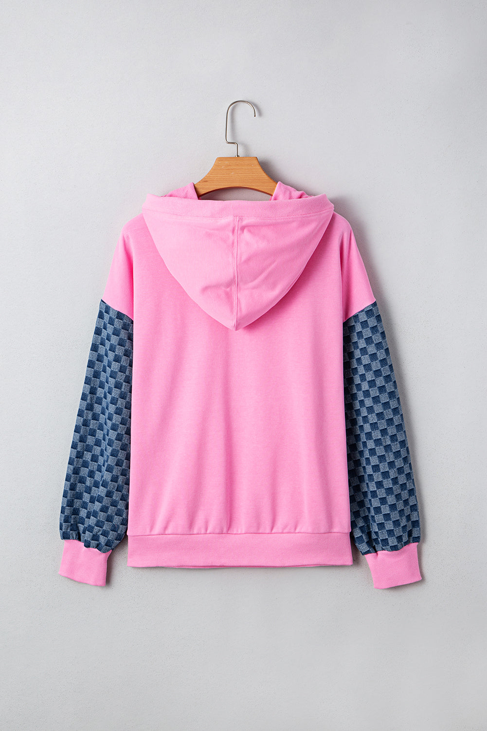Parchment Checkered Patchwork Kangaroo Pocket Half Zipper Hoodie
