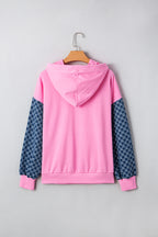 Parchment Checkered Patchwork Kangaroo Pocket Half Zipper Hoodie