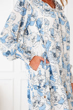 Sky Blue Floral Print Tie Neck Long Sleeve Flowy Mini Dress