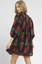Black Floral Print Notched Neck Piping Trim Bracelet Sleeve Babydoll Dress