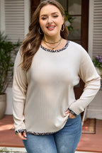 Parchment Ribbed Contrast Leopard Edge Round Neck Plus Knit Top