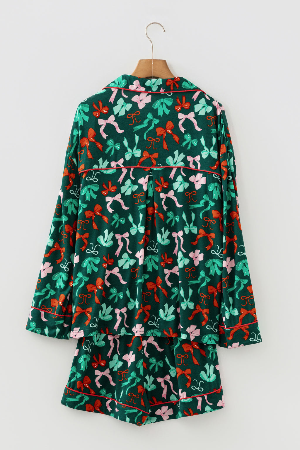 Green Festive Bow Print Long Sleeve Shirt and Pyjama Short Set