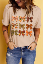Khaki Bowknot Graphic Short Sleeve Top