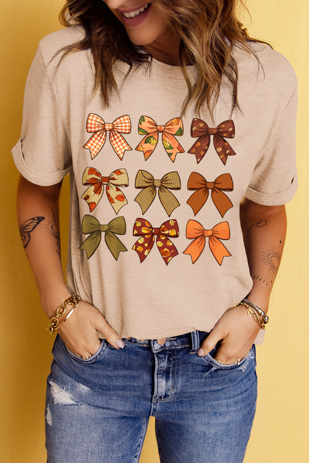 Khaki Bowknot Graphic Short Sleeve Top