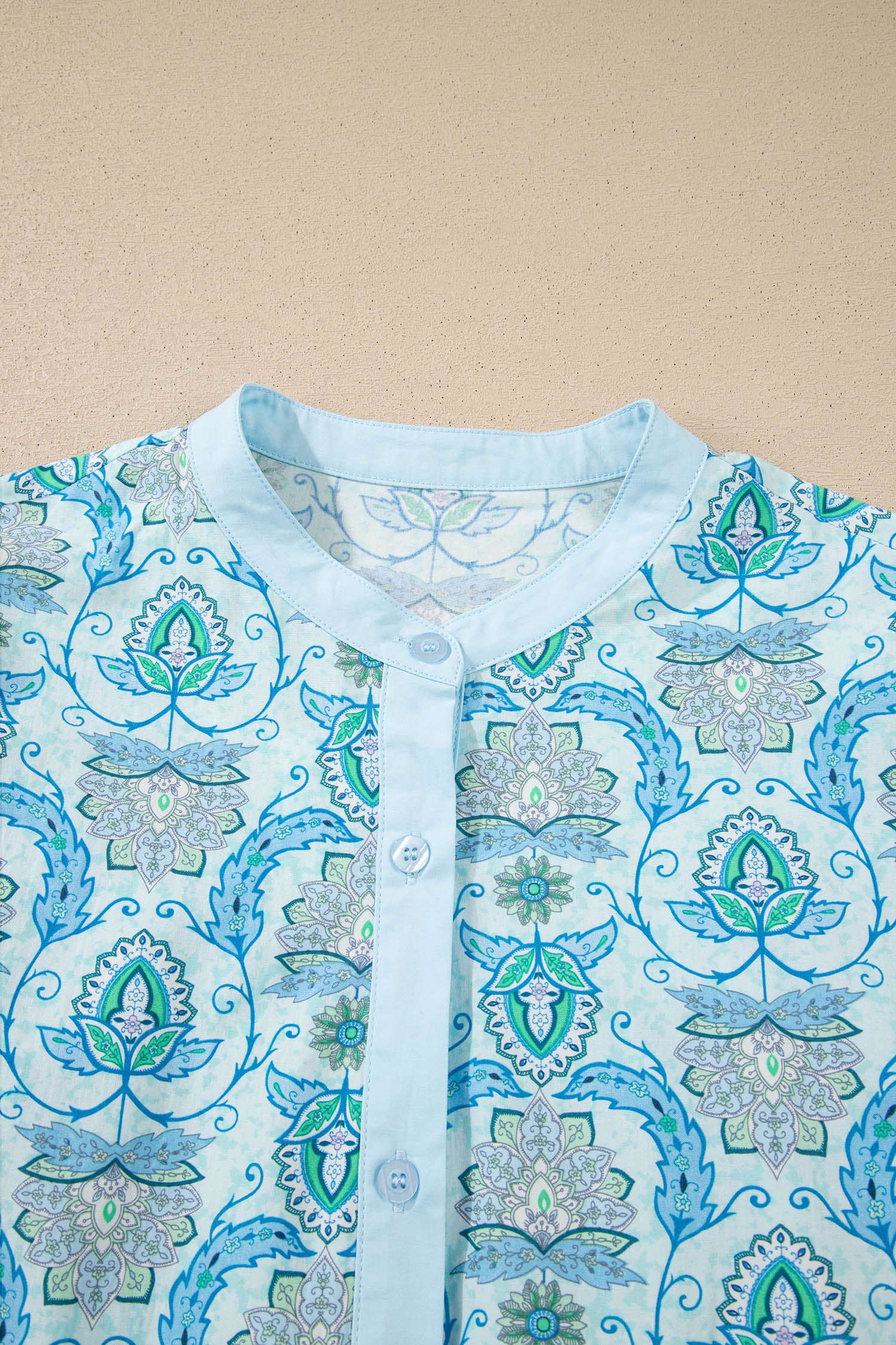 Sky Blue Paisley Print Puff Sleeve Loose Shirt
