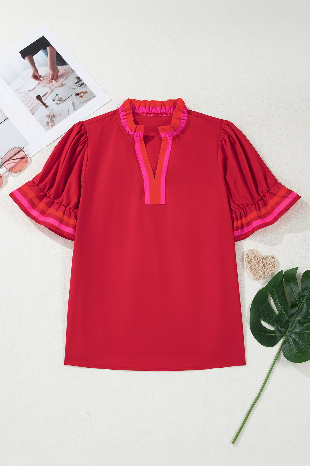 Fiery Red Striped Frilled Collar Ruffled Short Sleeve Blouse