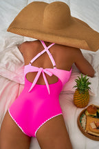 Beau Blue Ric Rac Trim Contrasted Patchwork Cutout One Piece Swimsuit