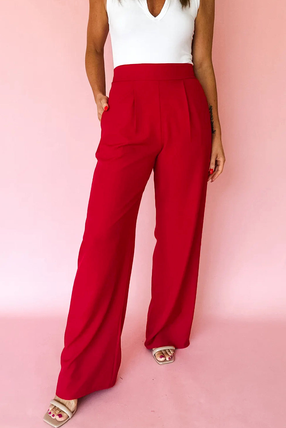 Pleated Detail Pull On High Elastic Waist Loose Straight Pants