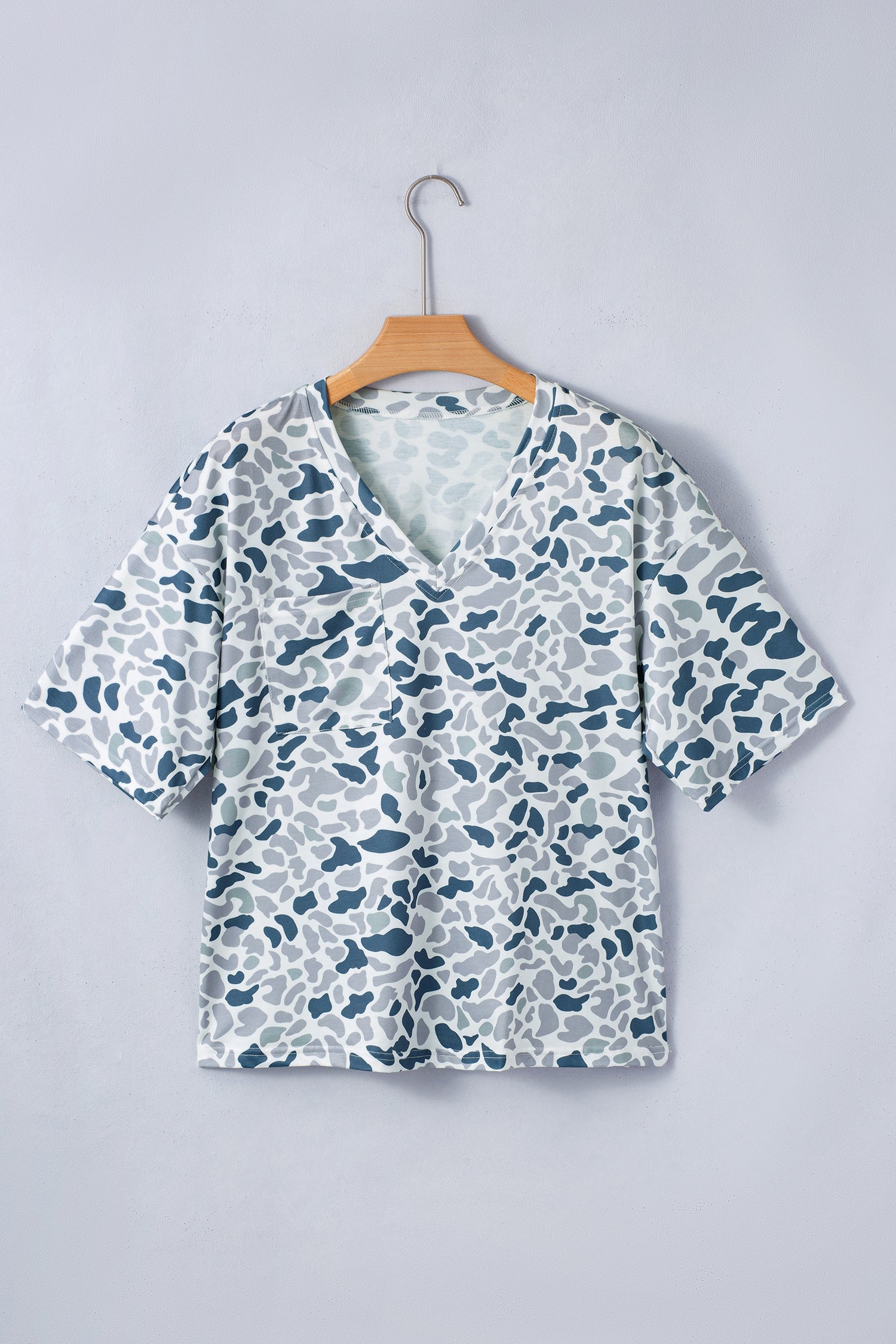 Gray Camouflage Print Single Chest Pocket V Neck Tee