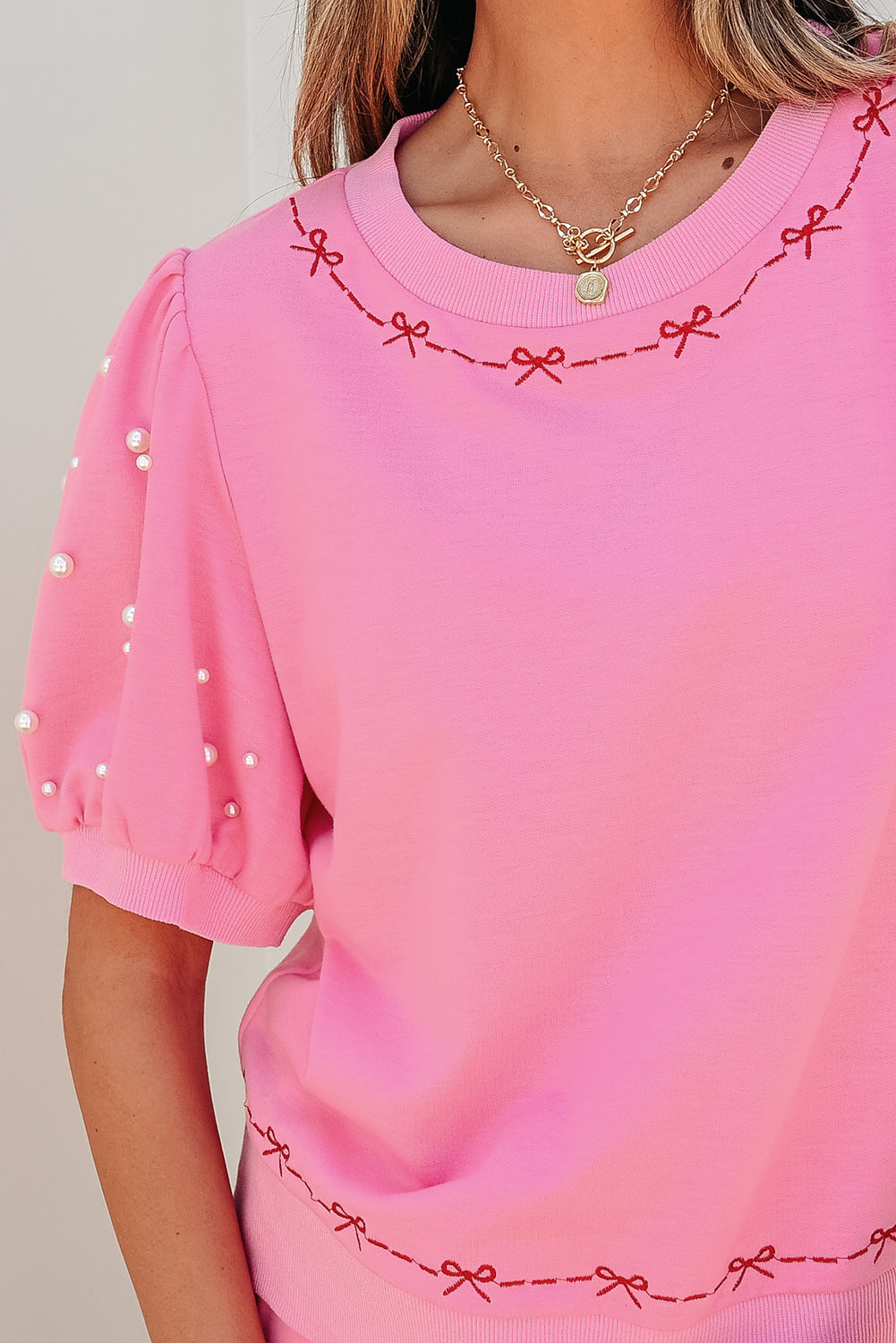 Pink Contrast Bow Trim Pearl Puff Sleeve Blouse and Skort 2pcs Set