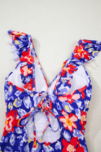 Floral Ruffle Trim V Neck Lace-up Back Tummy Control One Piece Swimsuit