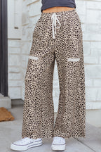 Khaki Animal Print Wide Leg Terry Knit Pants