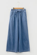 Blue Stripe Chambray Wide Leg Tied Elastic Waist Trousers