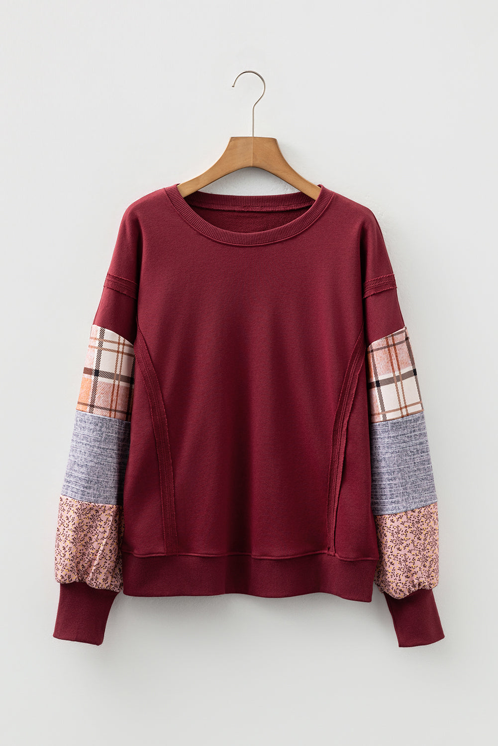 Plaid Colorblock Patchwork Sleeve Raw Seam Sweatshirt