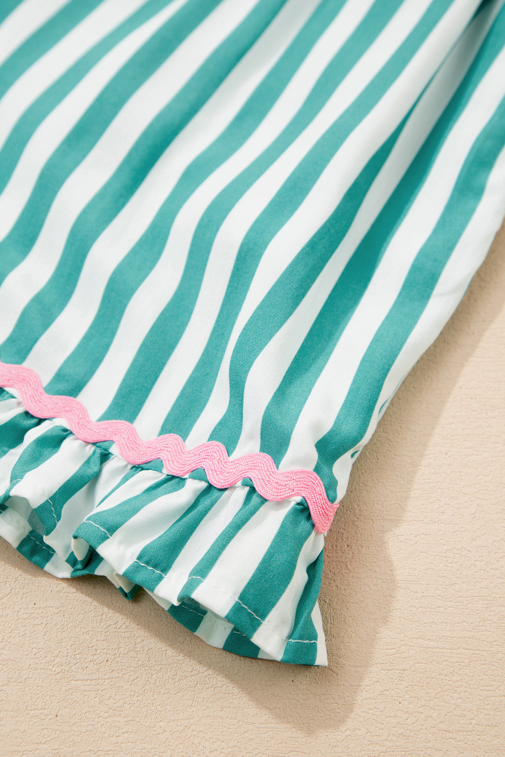 Green Stripe Contrast Ricrac Trim Long Sleeve Shirt Drawstring Ruffled Pyjama Short Set