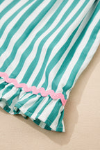 Green Stripe Contrast Ricrac Trim Long Sleeve Shirt Drawstring Ruffled Pyjama Short Set