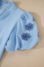 Beau Blue Flower Embroidered Puff Sleeve Split Neck Textured Blouse