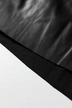 Black Faux Leather Retro Buckle Detail Pleated Stitch Flared Midi Skirt